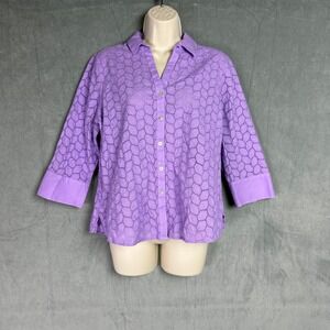 Foxcroft NYC Purple Eyelet Cotton Shirt Women 14P 3/4 Sleeve Button Down Shaped